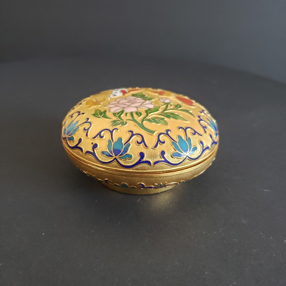 #Vtg Round Cloisonne Enamel Floral Butterfly Trinket Box Blue Robin Egg